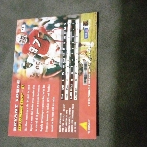 Bryant Young 1995 pinnacle rookie football card NFL San Francisco 49ers - Picture 2 of 2